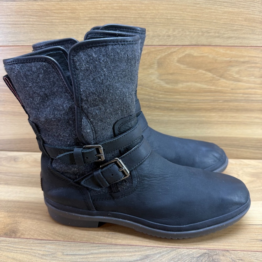 UGG Simmens Black Leather Boots Womens 9 Waterproof Zip Sherpa Lined Gorpcore